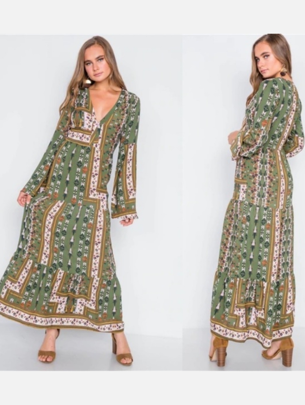 Altar'd State Olive Green Mixed-Print Maxi Dress